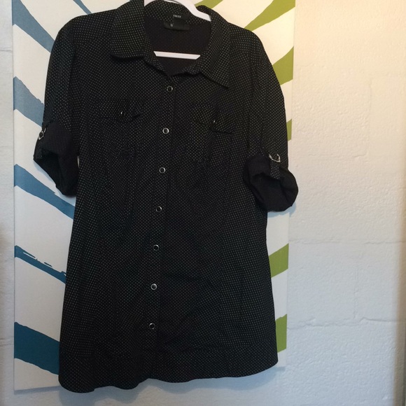 Black & white polka dot long button up blouse - Picture 2 of 7
